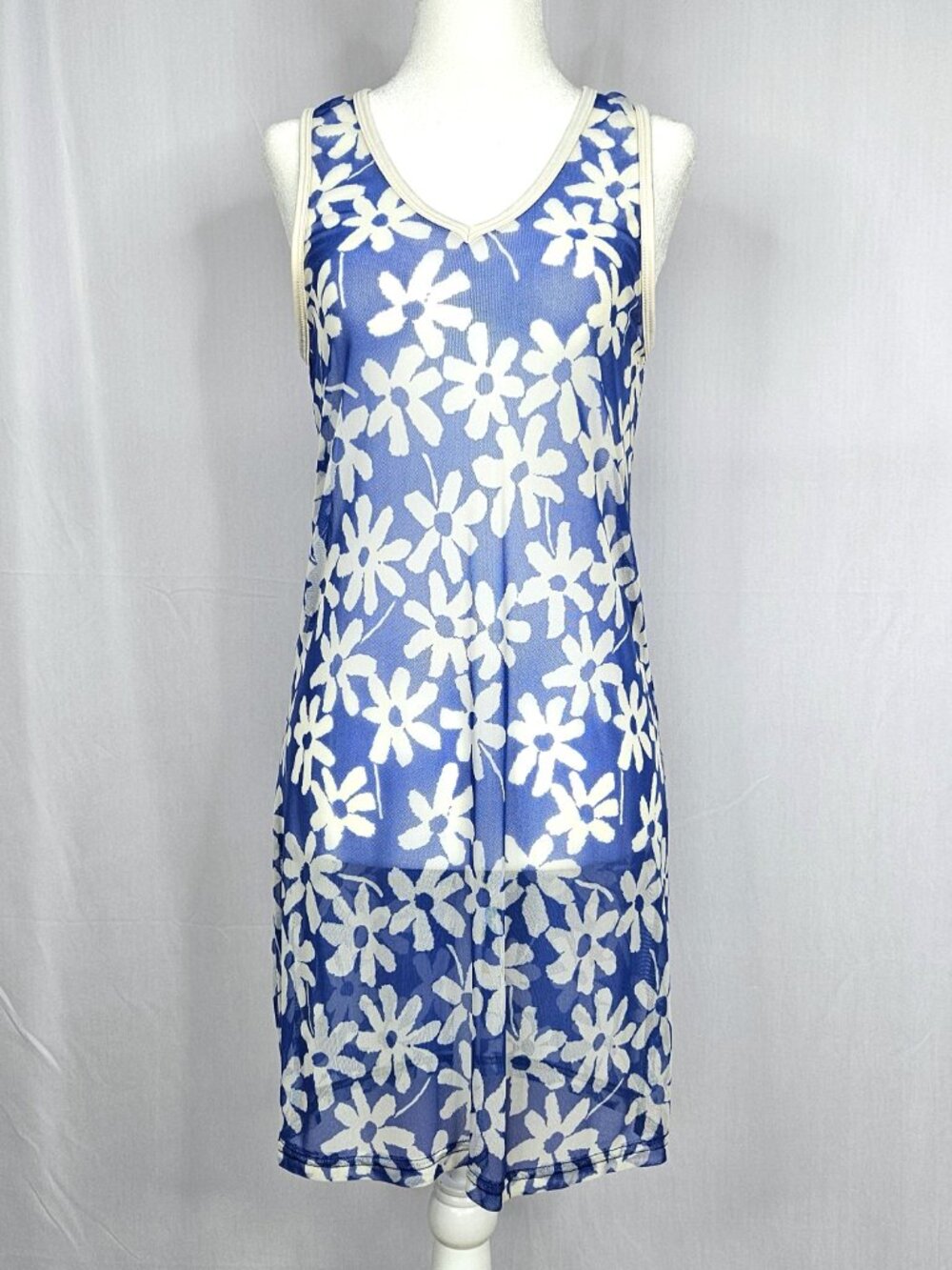 Blue Floral Mesh Swim Cover Up | Cruise Resort Beach Dress | Size XS